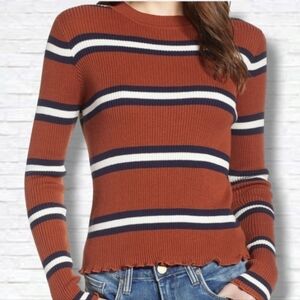 Nordstrom BP. Brown Striped Lettuce Hem Crop Long Sleeve Size S